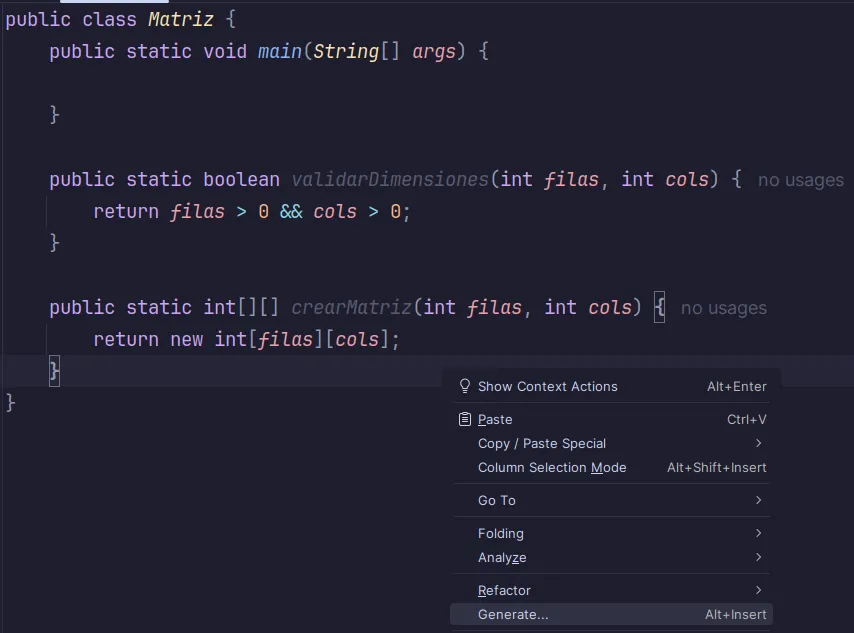 Menú Generate de IntelliJ IDEA