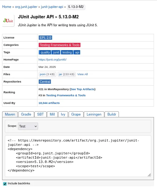Dependencia de JUnit para Maven